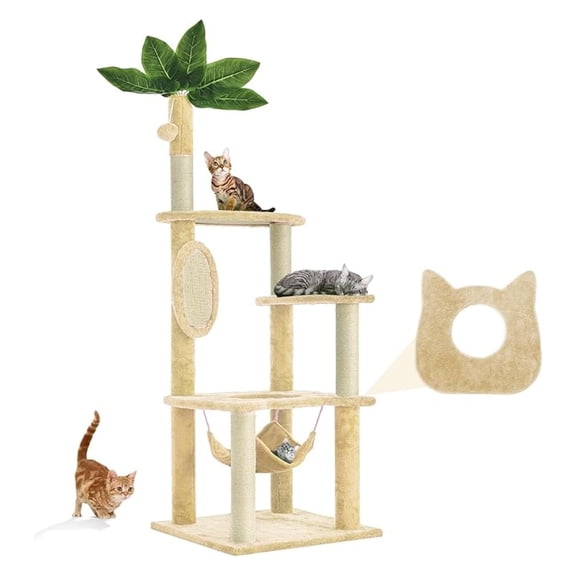 61" Cat Tree for with Green Leaves, Multi-Level Large Cat Tower with Hammock, Plush Cat House with Hang Ball Toy and Sisal Scratching Posts Furniture, Beige