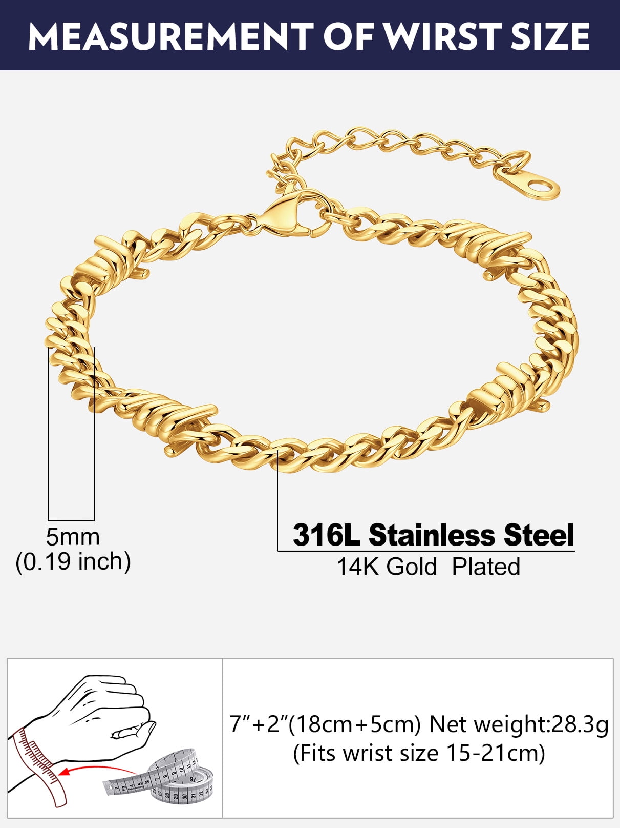 Bandmax 5MM Thorns Cuban Link Chain Bracelet for Men Dad Son Father's Day Graduation Gift Stainless Steel 14K Gold Plated Curb Chain Bracelet for Women Punk Jewelry