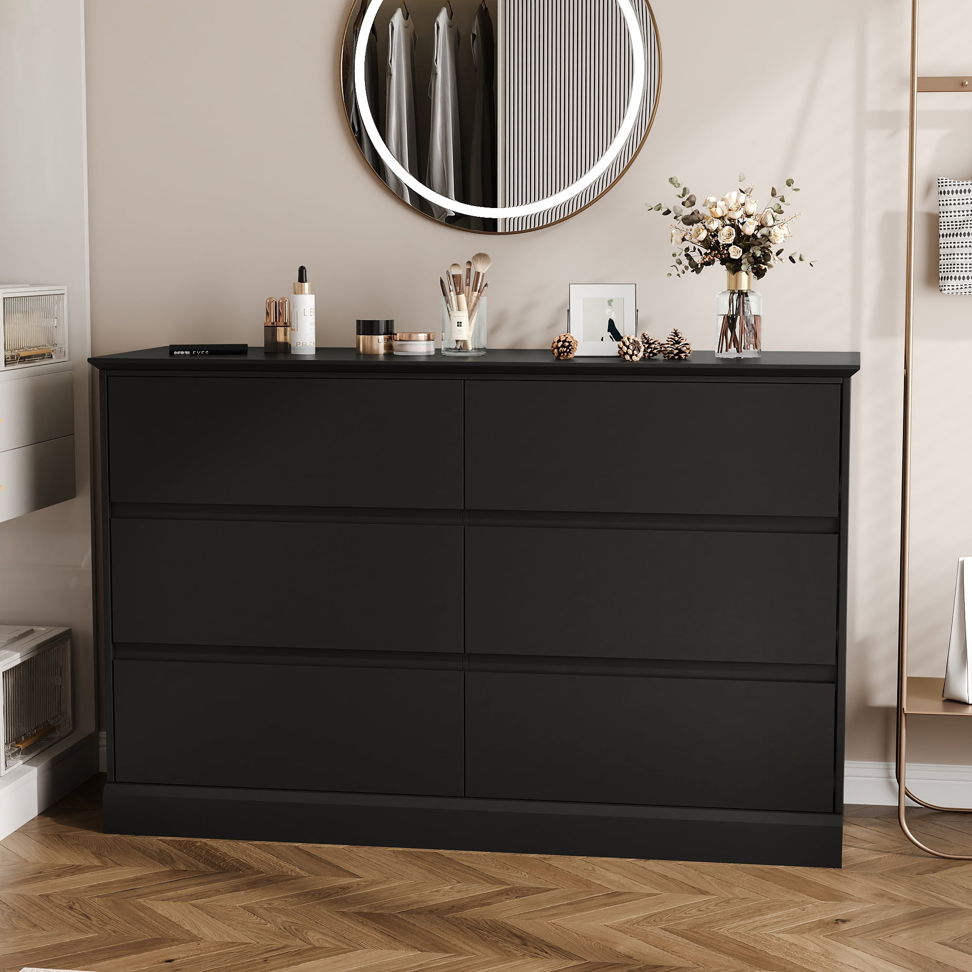 Black Dresser 6 Drawer Dresser Chests of Drawers Wood Storage Side Large Cabinet for Bedroom Closet Living Room