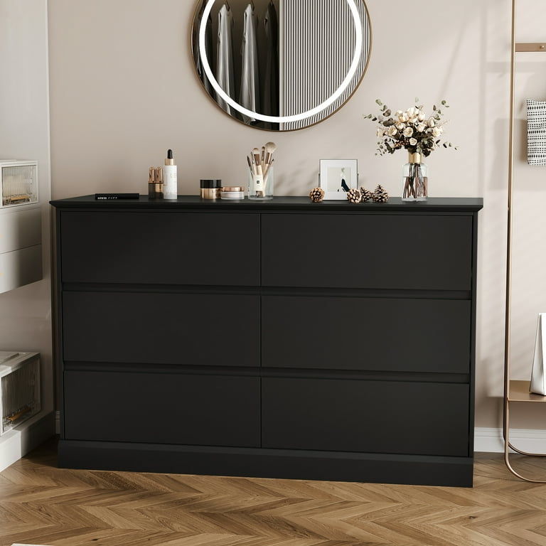 Black Dresser 6 Drawer Dresser Chests of Drawers Wood Storage Side Large  Cabinet for Bedroom Closet Living Room