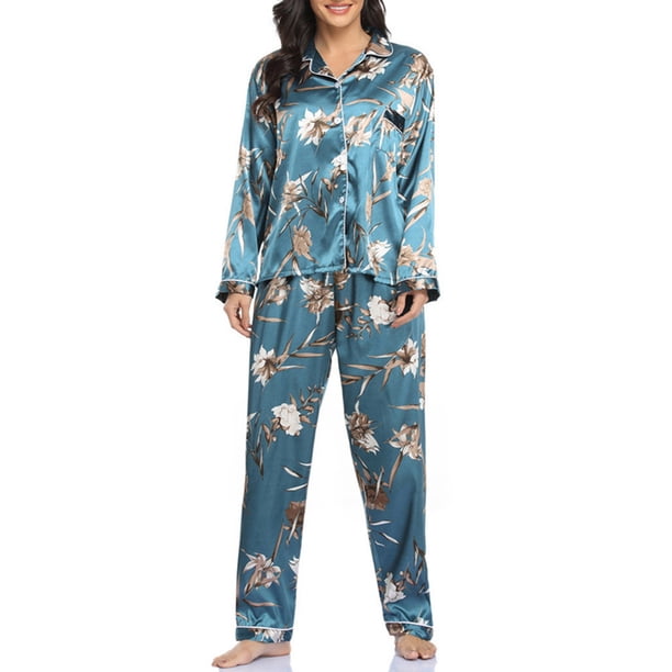 Conjunto de pijamas para mujer, manga larga, satén suave, cuello con muescas, botones, pijamas, Irfora Pijamas Mujer