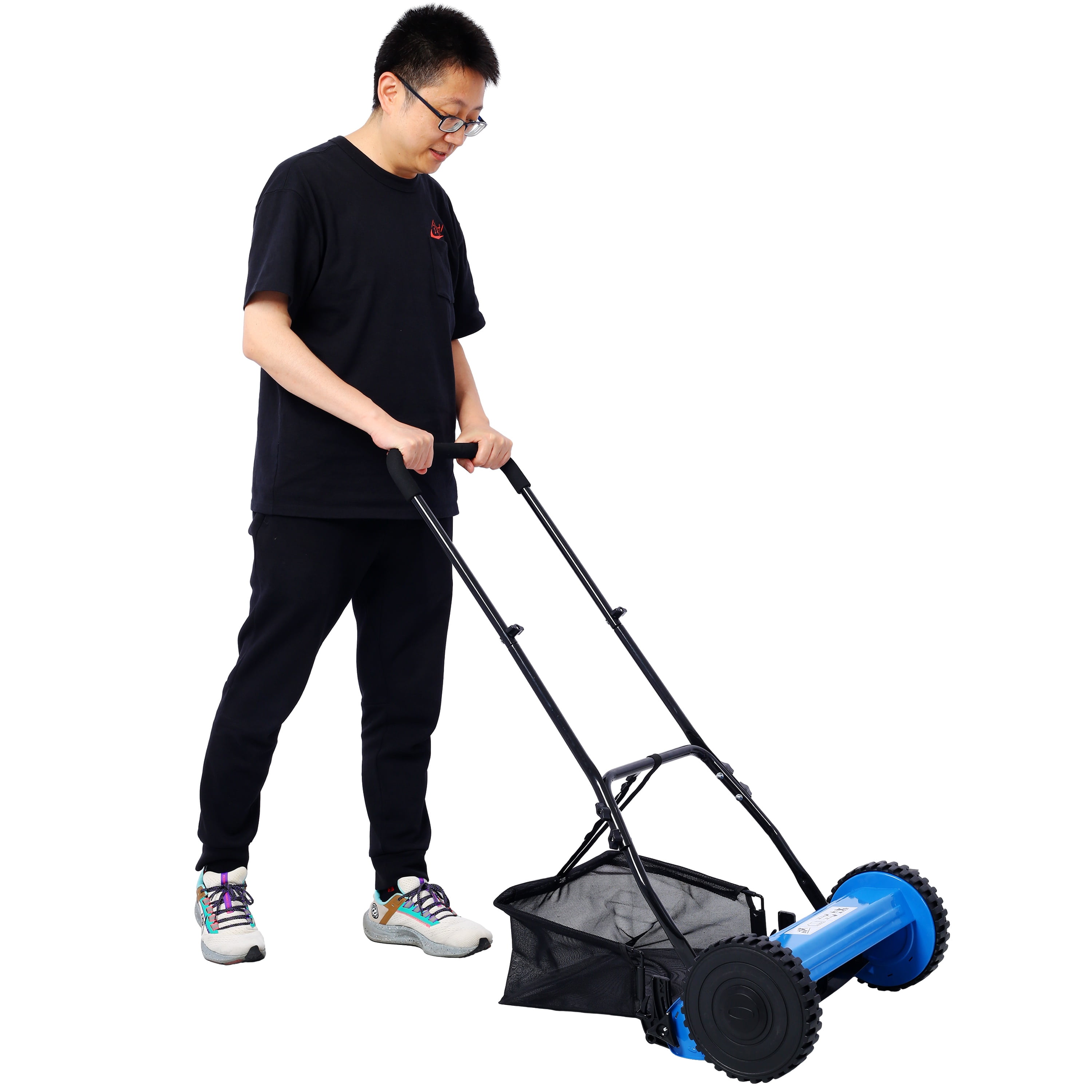 Lawn Mower, iRerts 14 Inch 5 Blade Push Reel Lawn Mower with Grass Catcher, Adjustable Blade Height, Lightweight Manual Lawn Mower for Backyard Garden Park Lawn, Blue