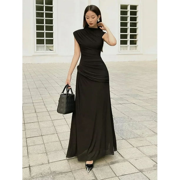 Vestido largo elegante de verano para mujer, diseño asimétrico con diseño de telas combinadas con plisado, cuello redondo, sin mangas, ajustado, vestido de fiesta a la moda para mujer