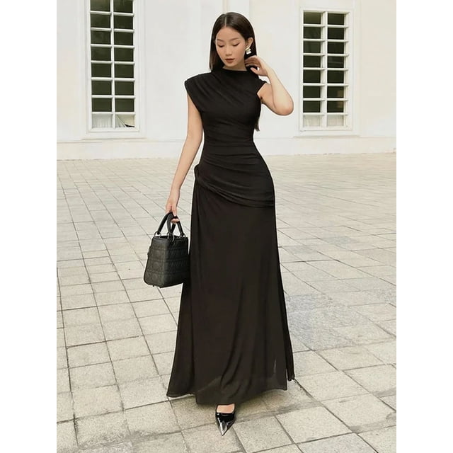 Vestido largo elegante de verano para mujer, diseño asimétrico con diseño de telas combinadas con plisado, cuello redondo, sin mangas, ajustado, vestido de fiesta a la moda para mujer