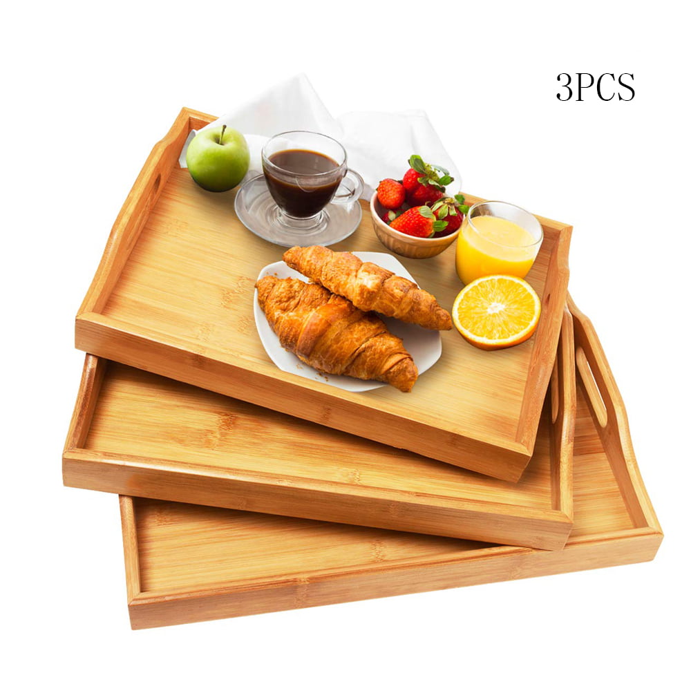 Bamboo Serving Tray with Handles Serving Tea Breakfast Wood Kitchen Platter 