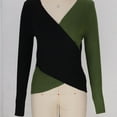 thumbnail image 2 of ShomPort Women's Fall Winter Wrap Sweater V-Neck Color Block Long Sleeve Soft Blouses Knitted Ribbed Going Out Trendy Tees Tops, 2 of 6
