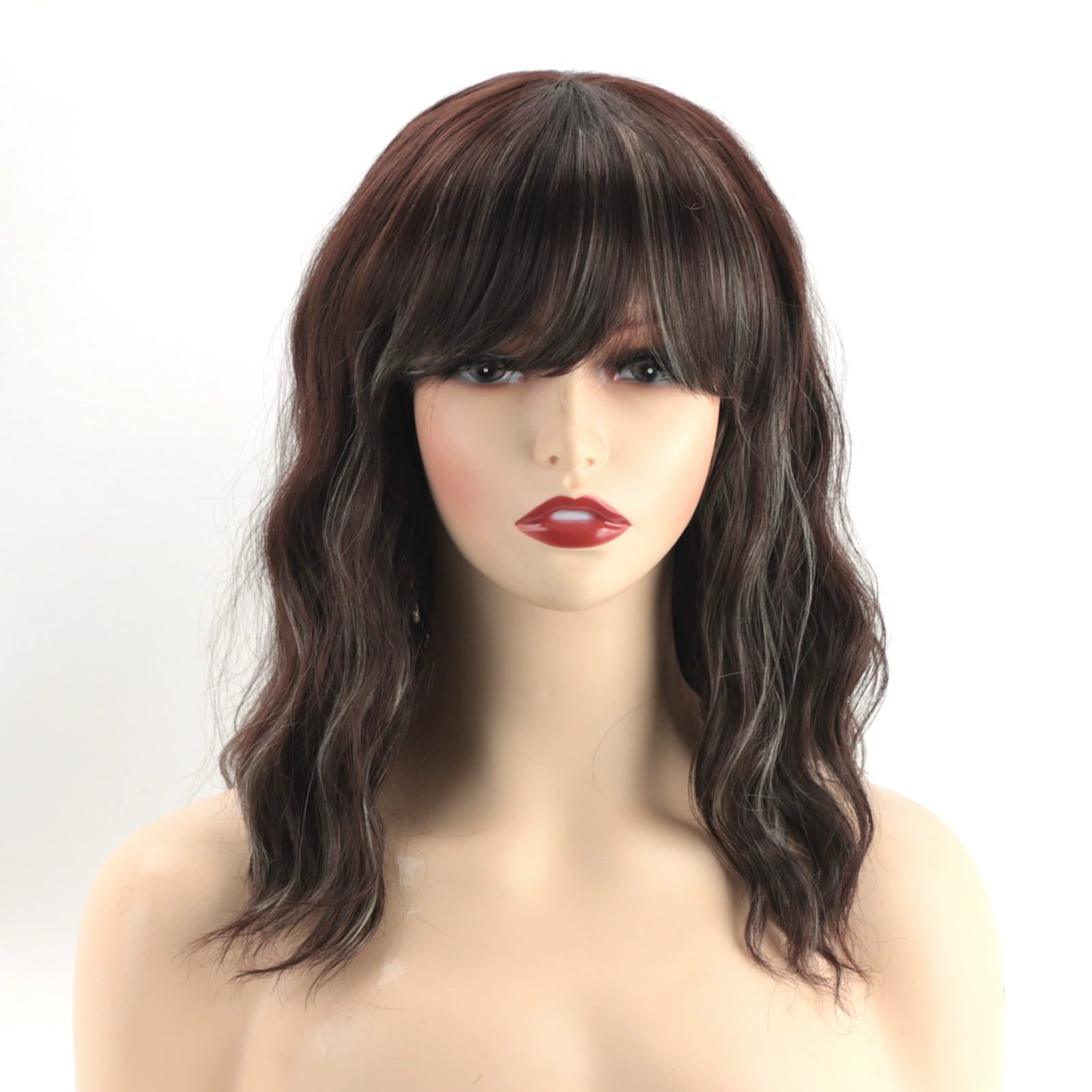 Dopi 14inch Curly Short Bob Lace Wigs Mesh for Black Women Human Hair Dark Brown Wavy Wigs with Bangs Natural for Black Women Party Daily Life Brown 14inch