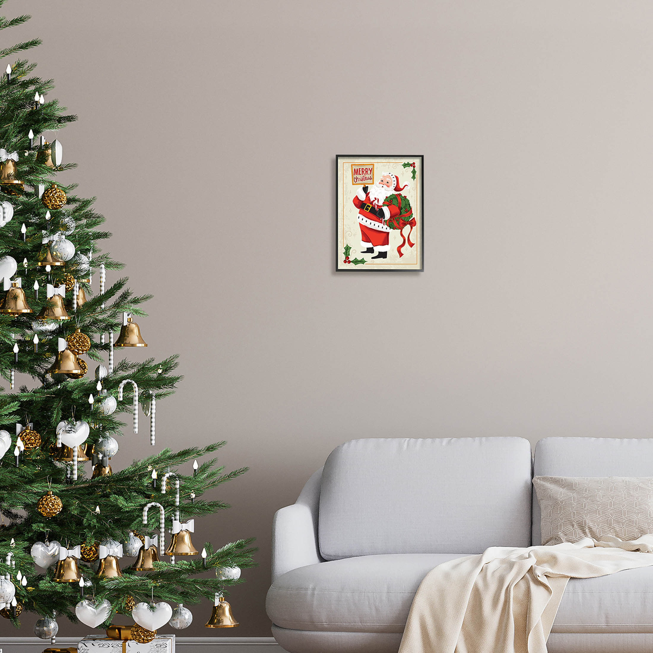 Merry Christmas Vintage Santa Holiday Graphic Art Black Framed Art Print Wall Art