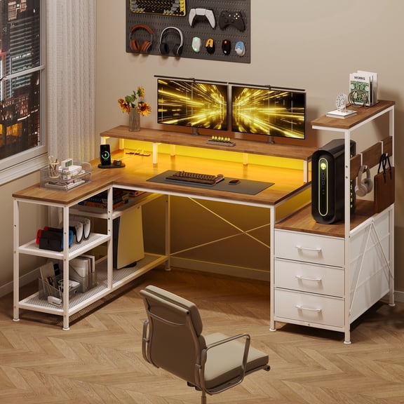 L Shaped Gaming Desk with Drawers & Storage Shelves, White Gaming Desk with Power Outlets & LED Light, Reversible Computer Desk with Monitor Stand & Hooks, Brown and White