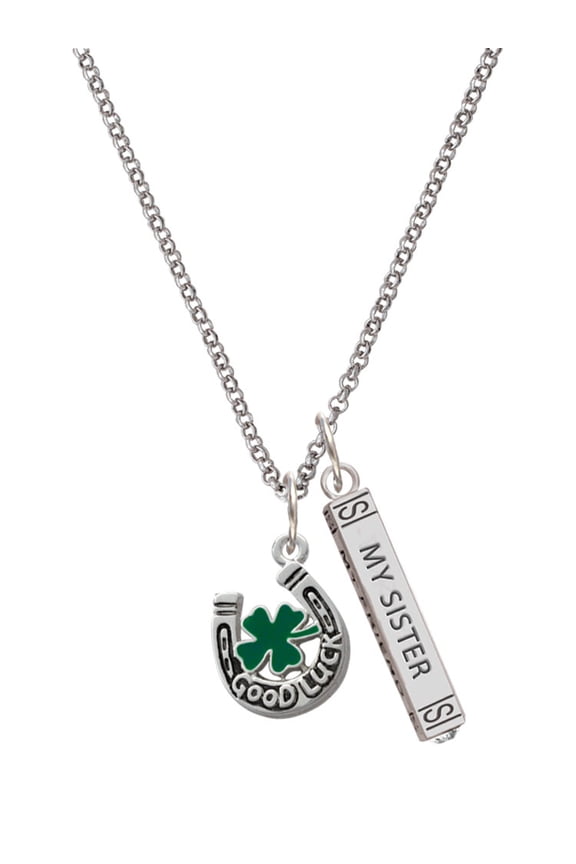 Silvertone Good Luck Horseshoe with Green Four Leaf Clover Silvertone Always My Sister Bar Charm Necklace, 23"