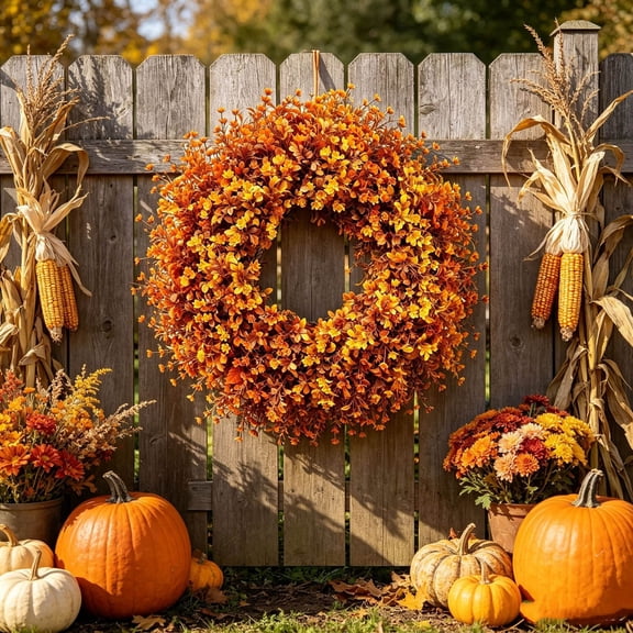 18In Artificial Fall Wreath with Maple Leaves and Pumpkins, Thanksgiving Harvest Door Hanging Garland, Autumn Simulation Wreath for Front Porch Wall Decor