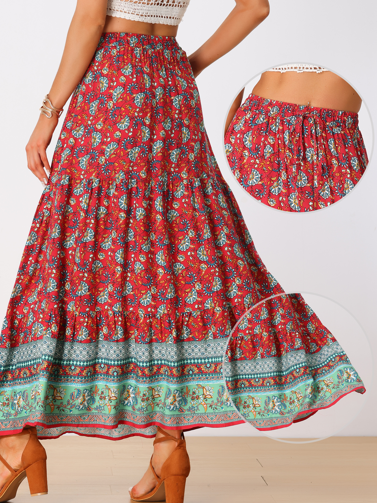 DARING DIVA Women's Boho Flare Floral Skirt M Red