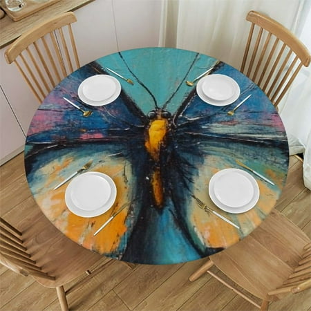 

Autua Butterfly Blue Yellow Center Round Tablecloth Stain-Resistant Washable 100% Polyester Fiber Home Kitchen Parties Holiday Dinner 46 -50