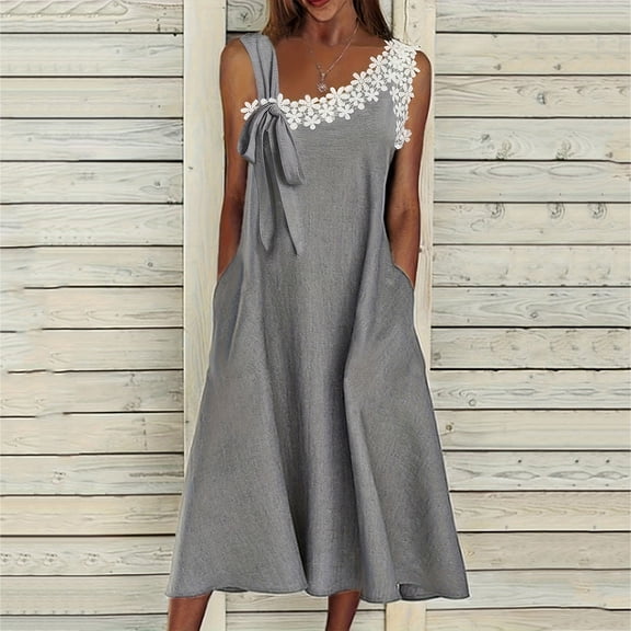 LVHAOGJOB Womens Dresses with Pockets Summer Sleeveless Maxi Dress Cotton Linen Crew Neck Plus Size Sundress for Mujer Loose