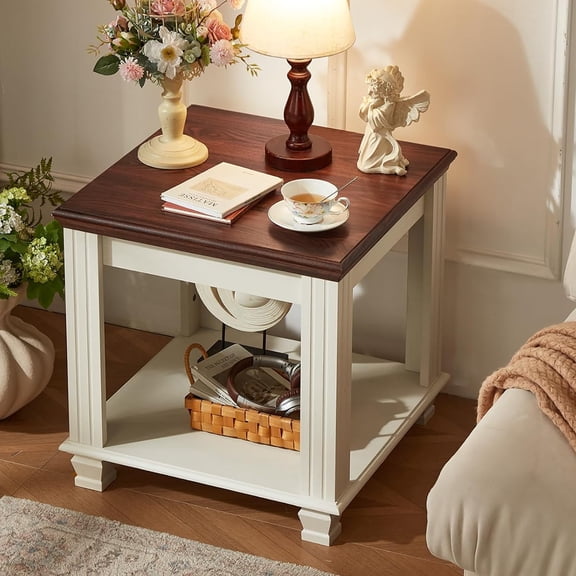 Joaxswe Farmhouse End Table with 2-Tier Storage Shelf, Large Square Side Table, Small Coffee Table for Living Room, White