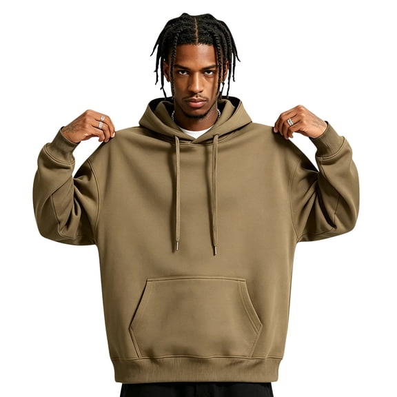 Domzest Mens Oversized Hoodies Heavyweight Fleece Hooded Sweatshirt Fall Winter Casual Athleisure Pullover With Kangaroo Pocket Khaki 2XL