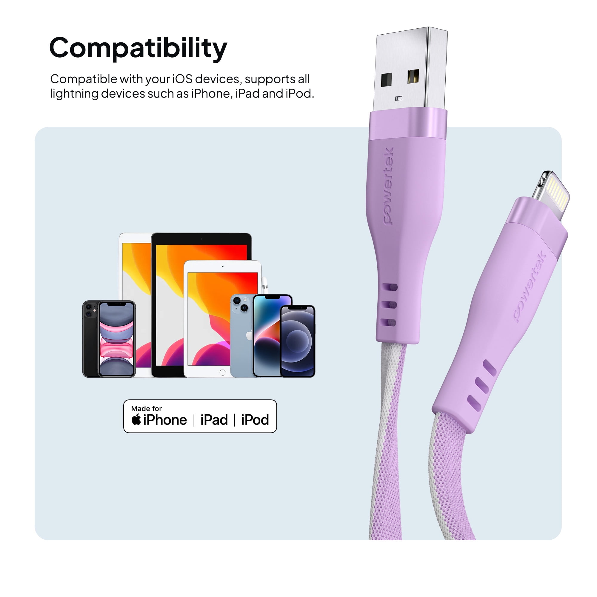 Powertek MFi USB-A to Lightning Two-Tone Pastel Fast Charge Cable, 6 ft, Purple