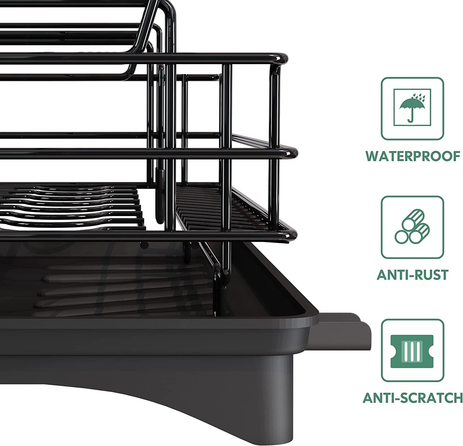 Lamstom 2-Tier Dish Drying Rack for Kitchen Counter,Detachable Large Capacity Dish Drainer Organizer with Utensil Holder, Drain Board,Black