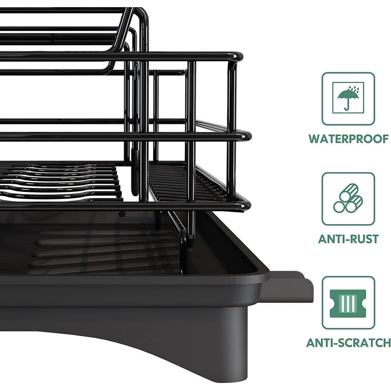 Dish Drying Rack, 2-Tier Kitchen Dish Rack Drainboard Set, Stainless Steel  Dish Rack with Drainboard Set，Large Rust-Proof Dish Drainer with Utensil  Holder, Cutting Board Holder for Kitchen（Black） 