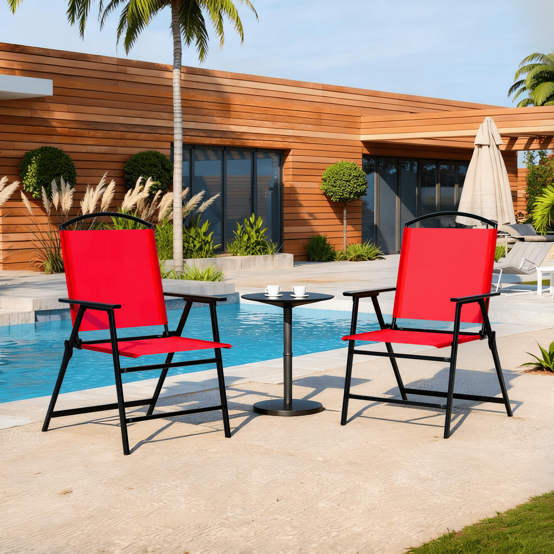 Outdoor Red Portable Folding Patio Dining Sling Chairs Set Of 2 With Armrest Foldable Patio Chairs For Lawn Garden Balcony Living Room Furniture