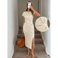 thumbnail image 6 of Beige Textured Waist Twist Short Sleeve Midi Dress With High Slit For Women, 6 of 6