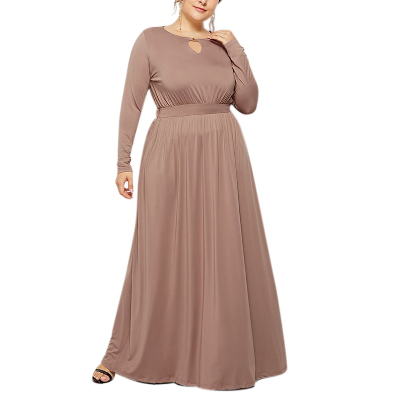 Plus Size Solid Maxi Dress V-Neck Long Sleeve High Waist Full Sweep Long Skirt