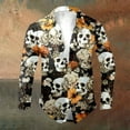 thumbnail image 2 of Mens Halloween Shirt Floral Skeleton Print Celebration Long Sleeve Button Down Lapel Tops Fall Winter Comfy Daily Shirts for Men Orange M, 2 of 5