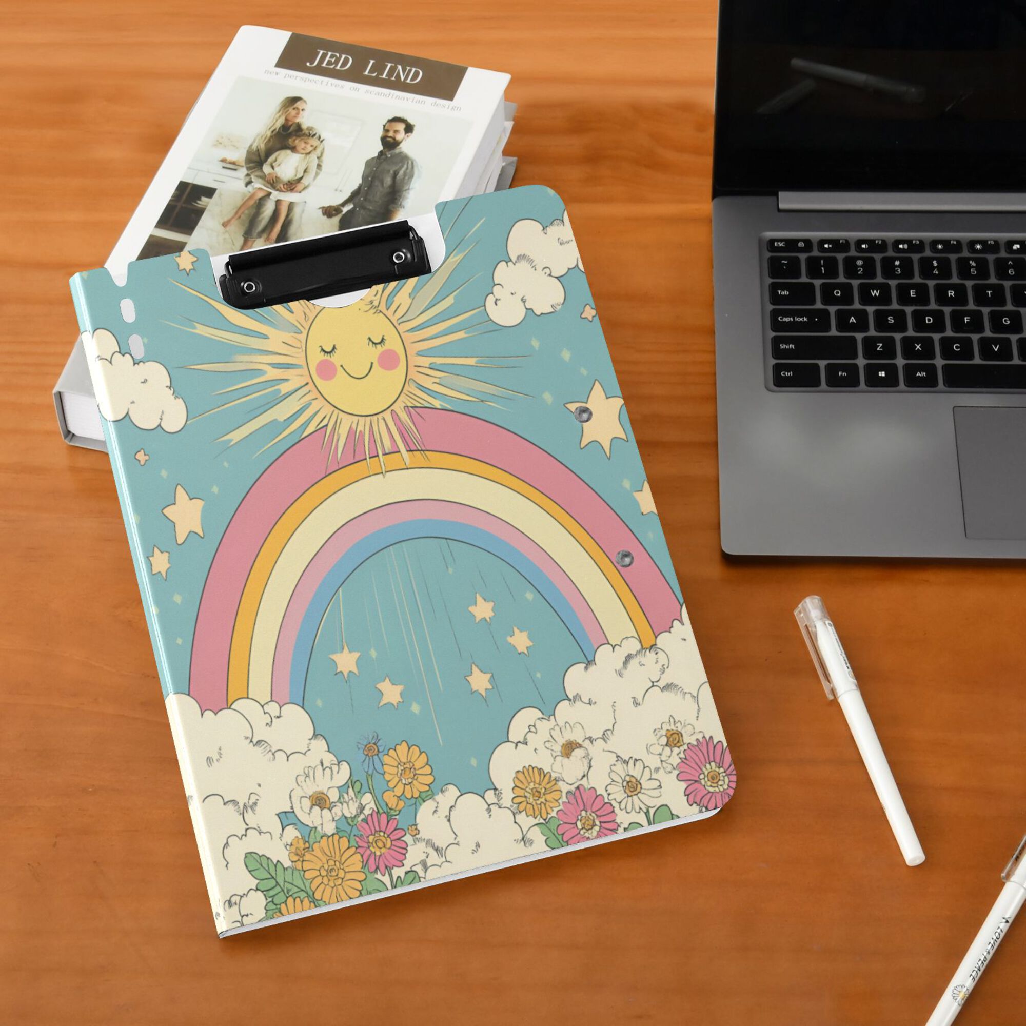 FORMRS A4 Clipboard Folder with Pen Holder Horizontal Foldable School Office Binder, Retro Beige Rainbow