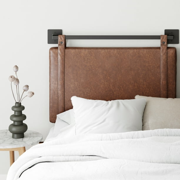 Nathan James Harlow Twin Wall Mount Headboard Faux Leather Upholstered Headboard Adjustable Height Vintage Brown Pu Leather Straps With Black Matte Metal Rail Brown Black Walmart Com Walmart Com
