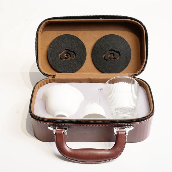 Compact High-White Mini Tea Set with Porcelain And Glass Fair Cup, Comes with a Portable Leather Case - Ideal for Business Travel