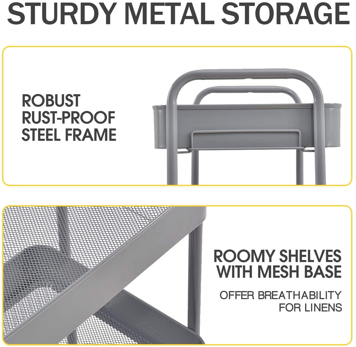 KK KINGRACK 3-Tier Rolling Cart, Metal Utility Cart with Wheels ,Office School Organizer, Grey