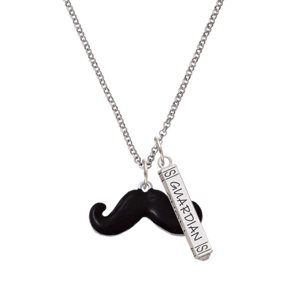 Delight Jewelry Silvertone Large Black Enamel Mustache Silvertone Guardian Angel Bar Charm Necklace, 23"
