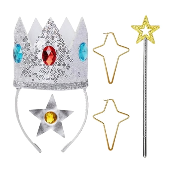 Aximioll Cosplay Costume Accessory Set, Polyester Sparkle Crown Headband Star Wand Brooch Earrings, Halloween Stage Performance Party Dress‑up Props for Themed Events