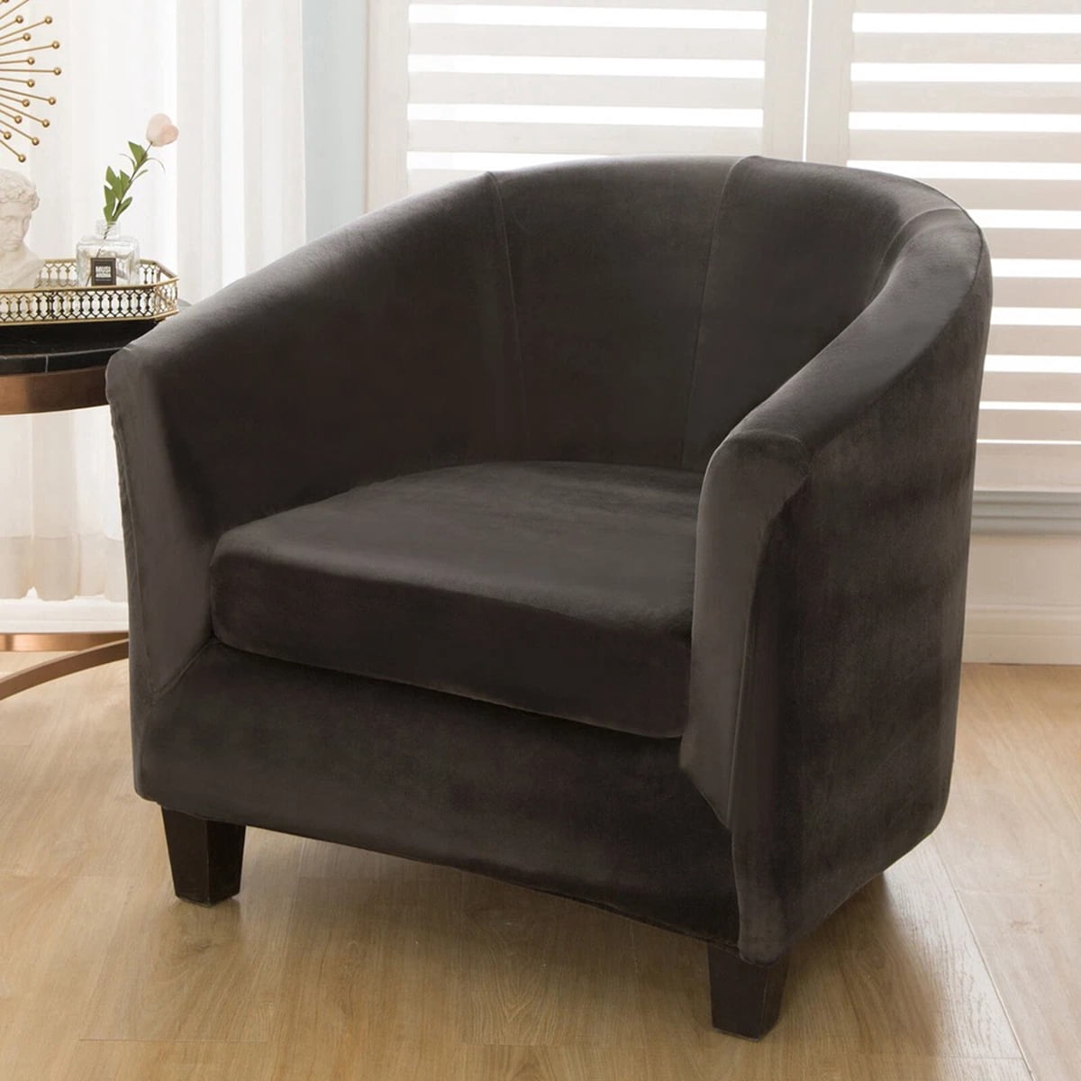 Eurhowing Stretchable Tub Chair Slipcover, 2-Piece Velvet Soft Armchair Cover with Cushion Cover, Elastic Fit Club Chair Sofa Couch Slipcover, 1-Pack, Grey