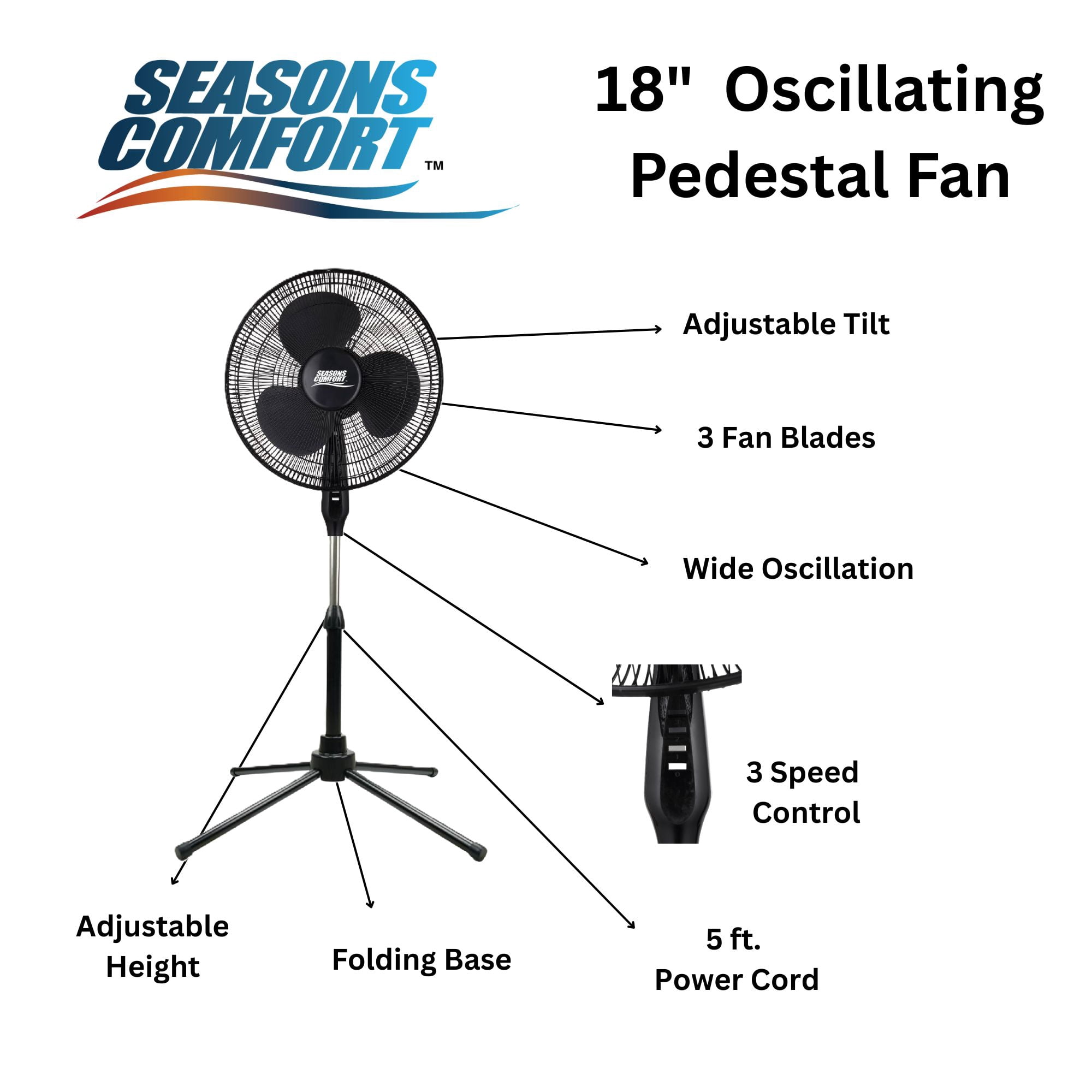 Seasons Comfort 18 Inch Oscillating Pedestal Fan, 3 Speeds, Adj Height - FPD18B