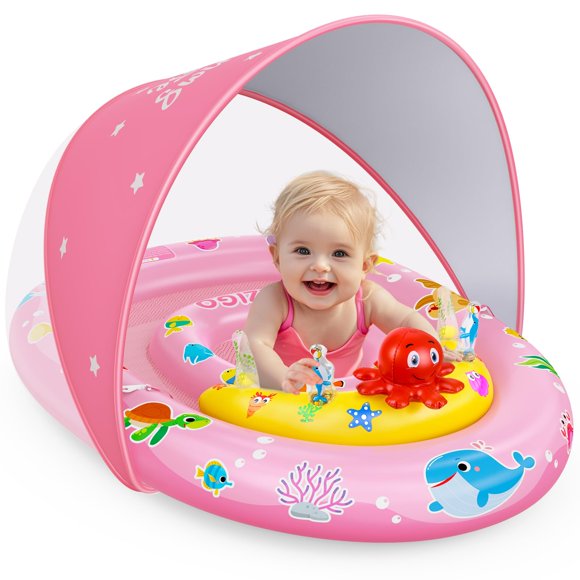Baby Pool Float EZIGO con toldo de protección solar UPF50+, color rosa