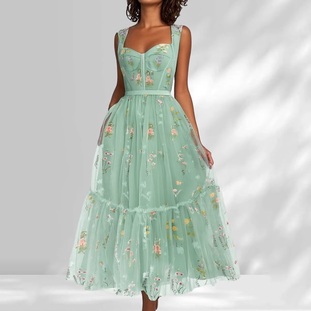 WILLBEST Vestidos de Mujer Vestidos de Fiesta con Bordado de Flores para Mujer Vestidos de Fiesta de Noche Formales de Hada de Corte A con Corsé Hasta La Rodilla Extra Grande