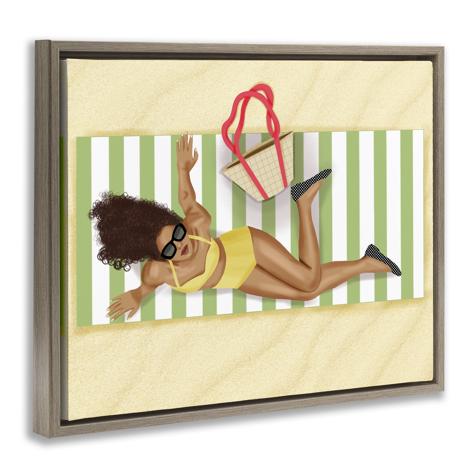 Stupell Industries Woman on Beach Blanket People Painting Brown Floater Framed Canvas Art Print Wall Art, 31 x 25