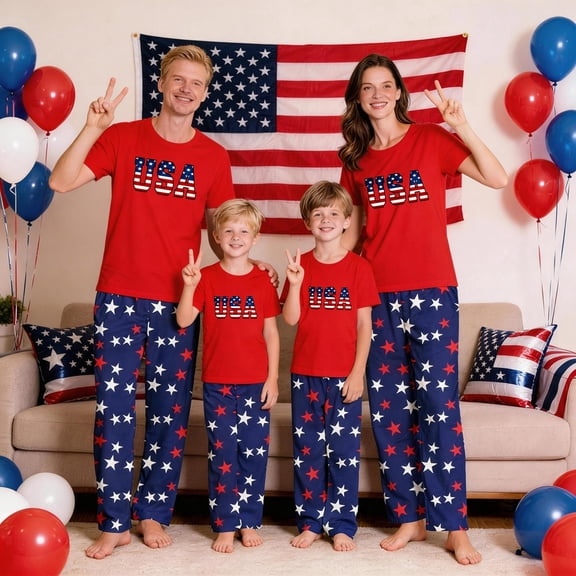 HTHLVMD Family Matching Sleepwear, Usa Patriotic Pajamas, Usa Flag Letter Dark Blue Star Short Sleeve Family Matching Pajamas Set, Crew Neck 2pcs Patriotic Home Loungewear, 12 Months