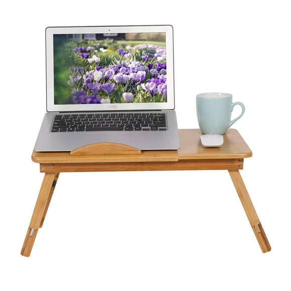 Bamboo Laptop Desk, Adjustable Bamboo Rack Shelf, Foldable & Light Weight Book Reading Tray Stand with Anti Slip Baffle for Home, Office, Bedroom
