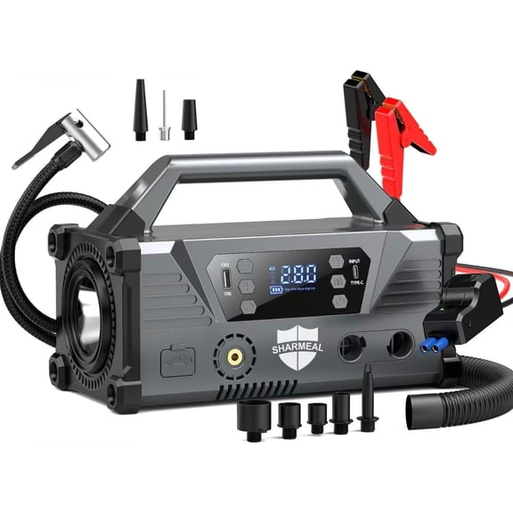 Sharmeal Jump Starter with Air Compressor, 25000A Car Battery Jump Starter for All Gas & 12.0L Diesel, 12V Portable Jump Box with Jumper Cables, LED Light, USB & Type‑C