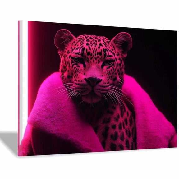 Mudket Framed Pink Neon Leopard Canvas Wall Art, Pink Leopard Print Wall Decor, Modern Animal Wall Art Ready to Hang for Bedroom - 12"L x 8"W