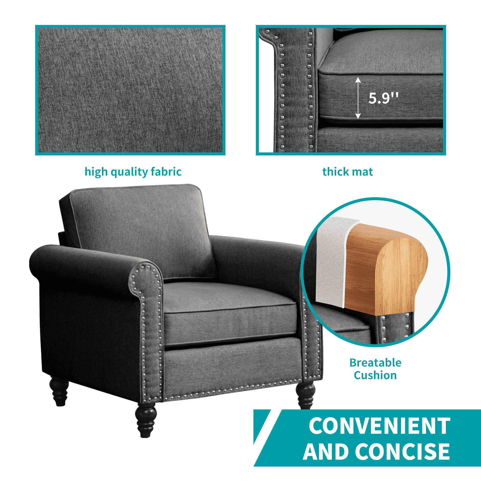 MUZZ Living Room Furniture Sets with 5.9"Upholstered Cushion, 3-Seater Sectional Sofa Couch and Single Sofa Chair, Sofa Set for Living Room(Dark Grey)