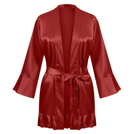 iOPQO pajamas for women Women s Nightgown Long Robe Nightwear Women Lingerie Set New Underwear Satin Pajama Coat Women Long Loose Robes Red XXL