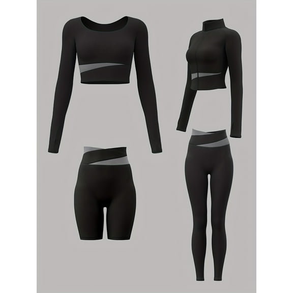 PISONIC 4Pcs Women's Fitness Set with Sports Jacket, Athletic Top, Shorts, and Leggings in Multiple Color Options Suitable for Cycling, Running, and Yoga