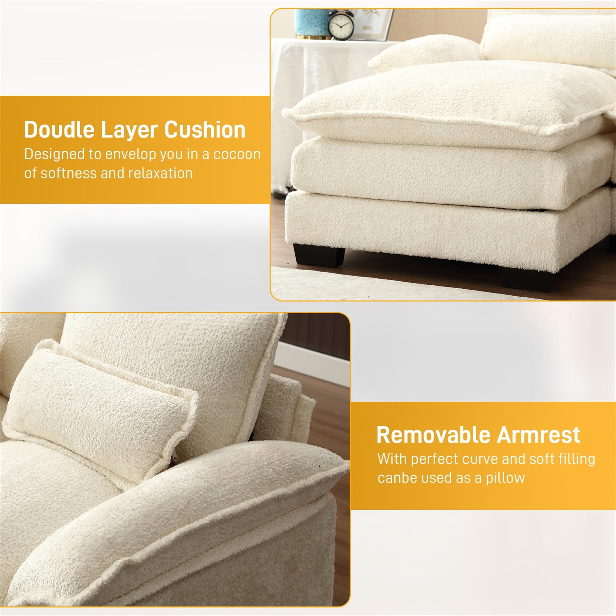 Aukfa 113" Sectional Sofa Couch with 4 Lumbar Pillows&Dual Layer Cushions, Chenille, Beige