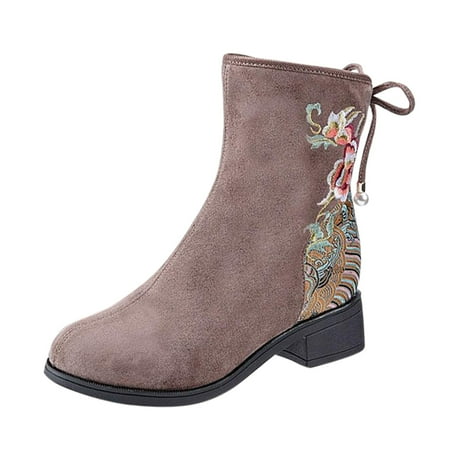 OJSFQUFP Womens Shoes Winter Warm Boots Women s Fashion Autumn Winter Flat Embroidered Suede Ankle Boots with Cotton Thickened Warm Non Slip Boots Boots for Women Brown 39