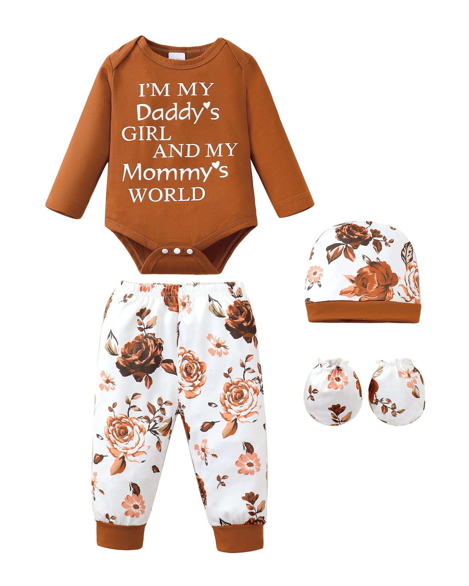 KIMI BEAR Newborn Baby Girls Layette Set 4 Packs 0-3 Months Winter Clothes Outfits Long Sleeves Romper Top Pants Gloves Hats 16 Piece Essentials Accessories Clothing Gift Sets Brown