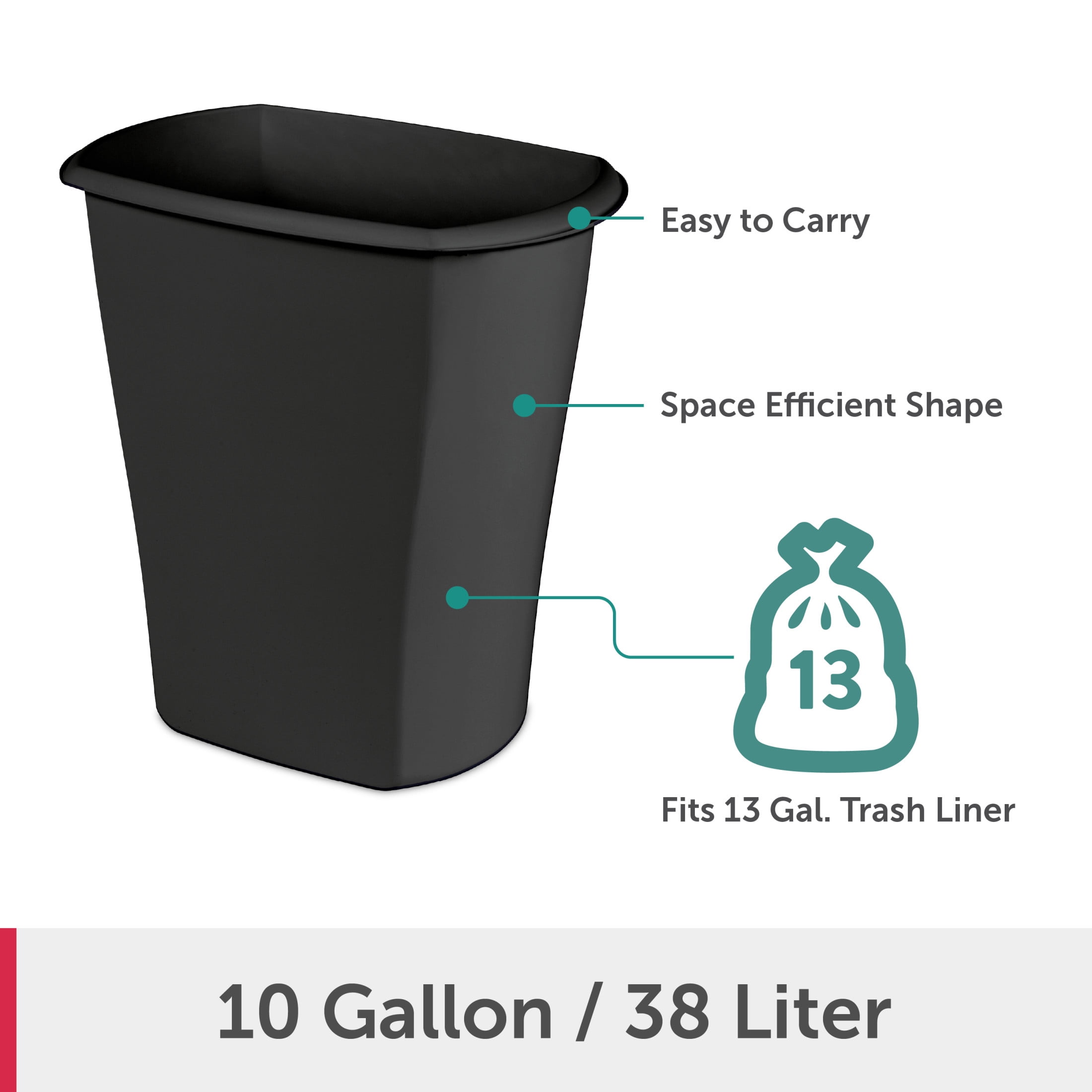 Sterilite Kitchen Trash Can, 10 Gallon Plastic Garbage Bin with No Lid, Black