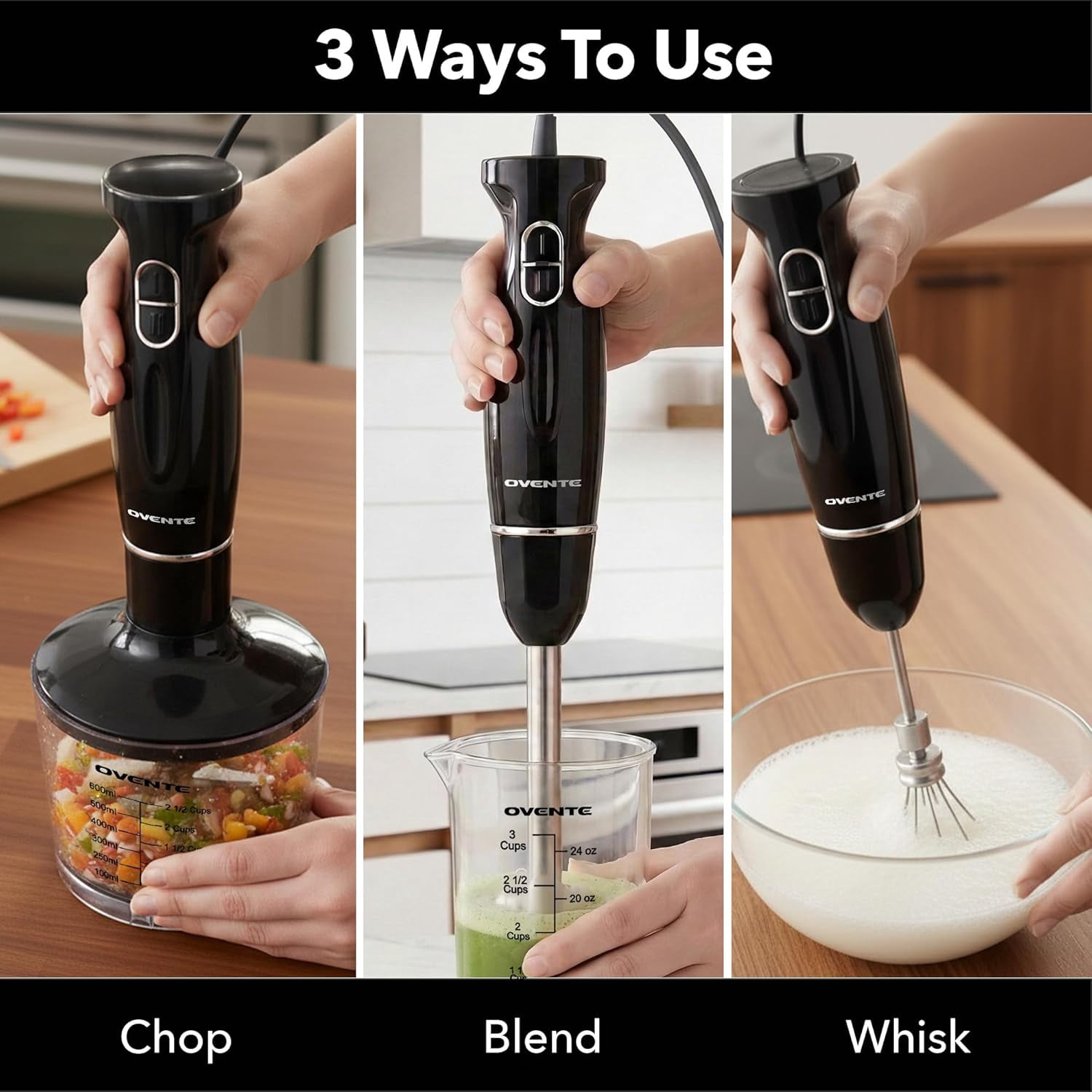 OVENTE Immersion Electric Hand Blender 300 Watt Power 2 Mix Speed with Stainless Steel Blades, Handheld Stick Mixer Set with Egg Whisk Attachment Mixing Beaker and BPA-Free Food Chopper, Black HS565B